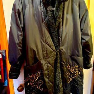 Beautiful embroidered coat,Korean Designer, Quilted FauxFur-Lined Black/Gold